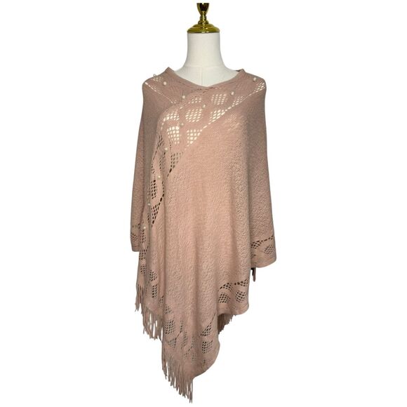 C-Mode Women’s OS Pullover Knit Poncho Sweater Fringe Pearls Pink NEW - Picture 1 of 7